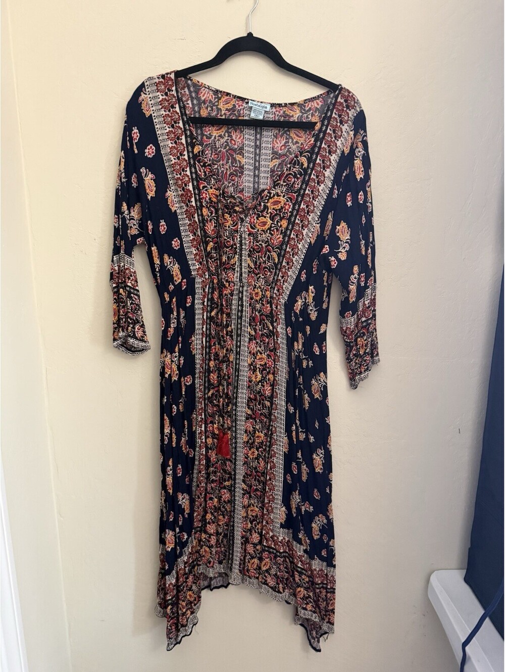 Nostalgia Midi Boho Dress Women's XL Colorful Floral Long Sleeve